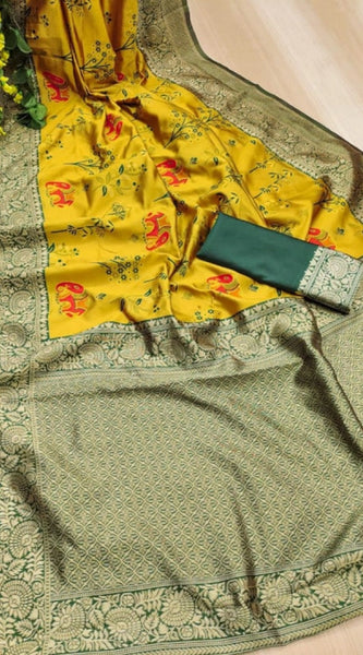 Mayawye Women's Soft Litchi Silk Jacquard Work Saree With Unstitched Blouse 5.5Mtr (Yellow)