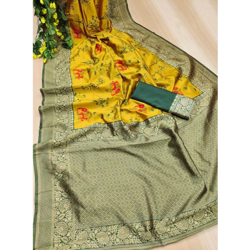 Mayawye Women's Soft Litchi Silk Jacquard Work Saree With Unstitched Blouse 5.5Mtr (Yellow)