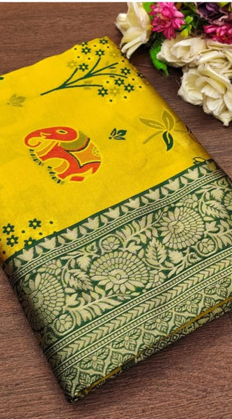 Mayawye Women's Soft Litchi Silk Jacquard Work Saree With Unstitched Blouse 5.5Mtr (Yellow)