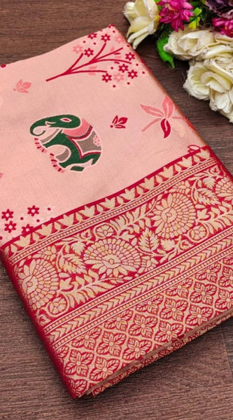 Mayawye Women's Soft Litchi Silk Jacquard Work Saree With Unstitched Blouse 5.5Mtr (Pink)