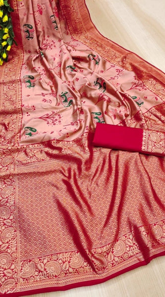 Mayawye Women's Soft Litchi Silk Jacquard Work Saree With Unstitched Blouse 5.5Mtr (Pink)
