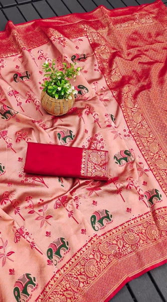 Mayawye Women's Soft Litchi Silk Jacquard Work Saree With Unstitched Blouse 5.5Mtr (Pink)