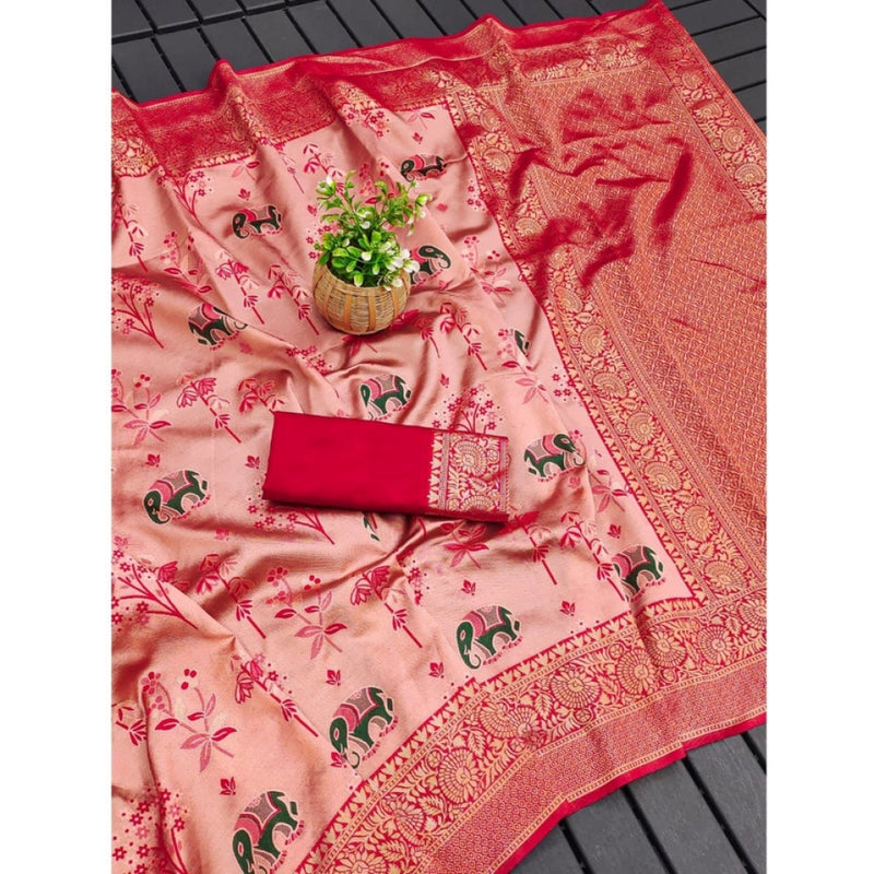 Mayawye Women's Soft Litchi Silk Jacquard Work Saree With Unstitched Blouse 5.5Mtr (Pink)