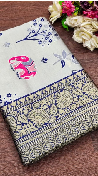 Mayawye Women's Soft Litchi Silk Jacquard Work Saree With Unstitched Blouse 5.5Mtr (Blue)