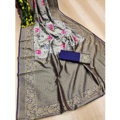 Mayawye Women's Soft Litchi Silk Jacquard Work Saree With Unstitched Blouse 5.5Mtr (Blue)