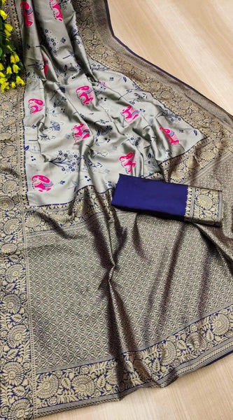 Mayawye Women's Soft Litchi Silk Jacquard Work Saree With Unstitched Blouse 5.5Mtr (Blue)
