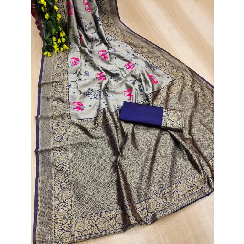 Mayawye Women's Soft Litchi Silk Jacquard Work Saree With Unstitched Blouse 5.5Mtr (Blue)
