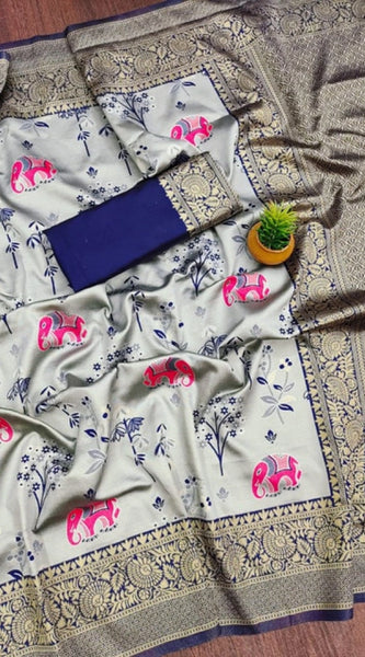 Mayawye Women's Soft Litchi Silk Jacquard Work Saree With Unstitched Blouse 5.5Mtr (Blue)