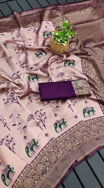Mayawye Women's Soft Litchi Silk Jacquard Work Saree With Unstitched Blouse 5.5Mtr (Purple)
