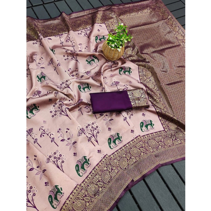 Mayawye Women's Soft Litchi Silk Jacquard Work Saree With Unstitched Blouse 5.5Mtr (Purple)