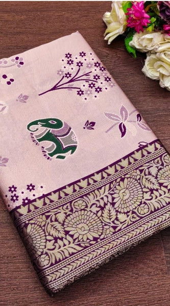 Mayawye Women's Soft Litchi Silk Jacquard Work Saree With Unstitched Blouse 5.5Mtr (Purple)
