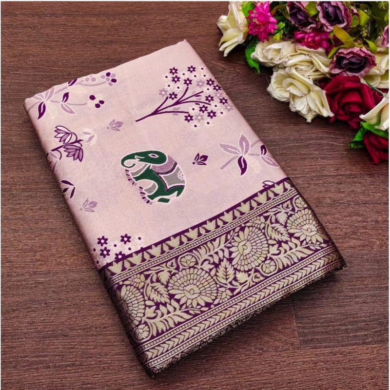 Mayawye Women's Soft Litchi Silk Jacquard Work Saree With Unstitched Blouse 5.5Mtr (Purple)