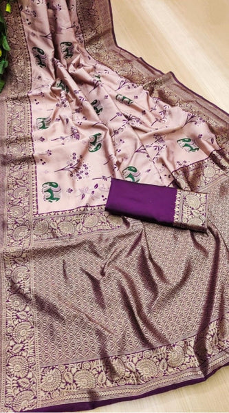 Mayawye Women's Soft Litchi Silk Jacquard Work Saree With Unstitched Blouse 5.5Mtr (Purple)
