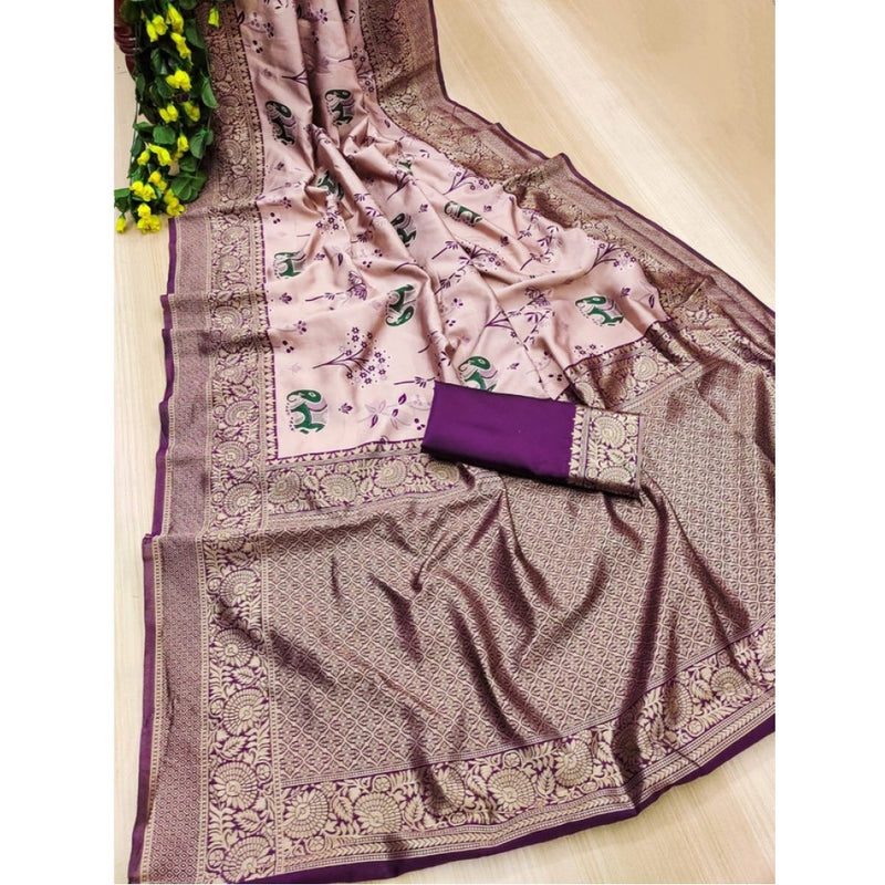 Mayawye Women's Soft Litchi Silk Jacquard Work Saree With Unstitched Blouse 5.5Mtr (Purple)