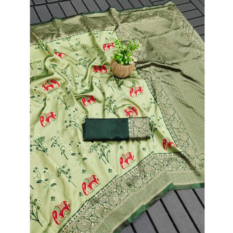 Mayawye Women's Soft Litchi Silk Jacquard Work Saree With Unstitched Blouse 5.5Mtr (Light Green)