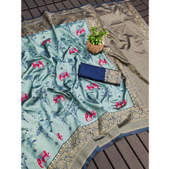 Mayawye Women's Soft Litchi Silk Jacquard Work Saree With Unstitched Blouse 5.5Mtr (Light Blue)
