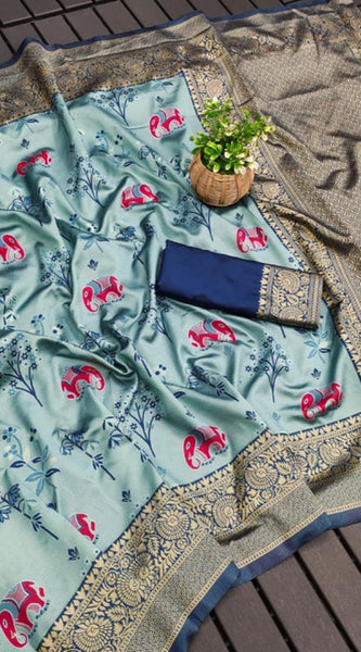 Mayawye Women's Soft Litchi Silk Jacquard Work Saree With Unstitched Blouse 5.5Mtr (Light Blue)