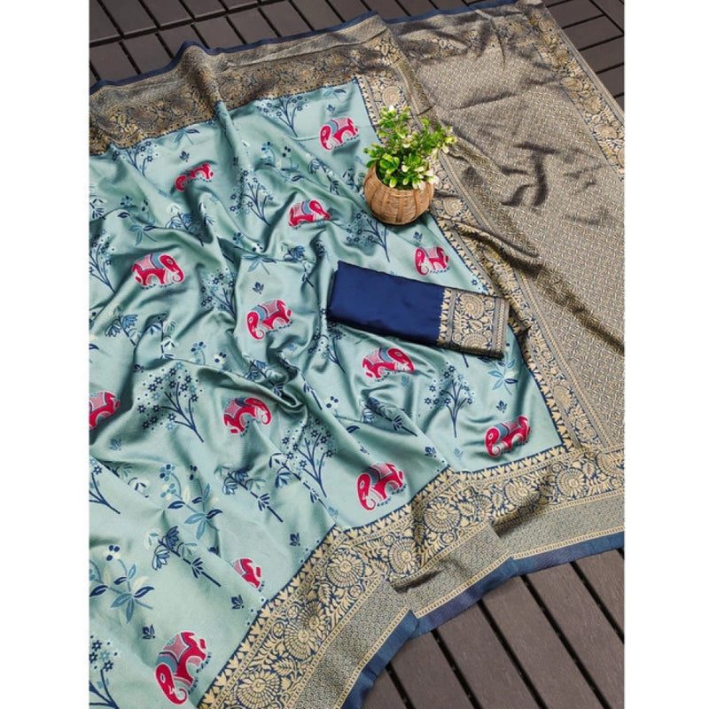 Mayawye Women's Soft Litchi Silk Jacquard Work Saree With Unstitched Blouse 5.5Mtr (Light Blue)