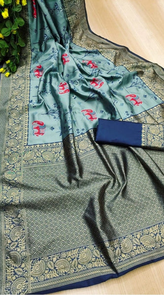 Mayawye Women's Soft Litchi Silk Jacquard Work Saree With Unstitched Blouse 5.5Mtr (Light Blue)
