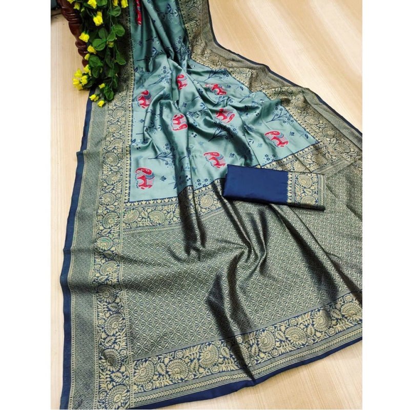 Mayawye Women's Soft Litchi Silk Jacquard Work Saree With Unstitched Blouse 5.5Mtr (Light Blue)