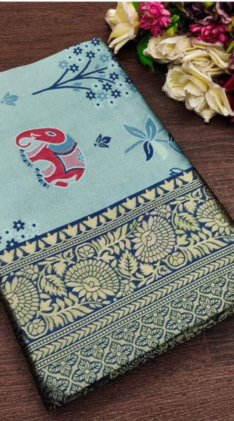 Mayawye Women's Soft Litchi Silk Jacquard Work Saree With Unstitched Blouse 5.5Mtr (Light Blue)