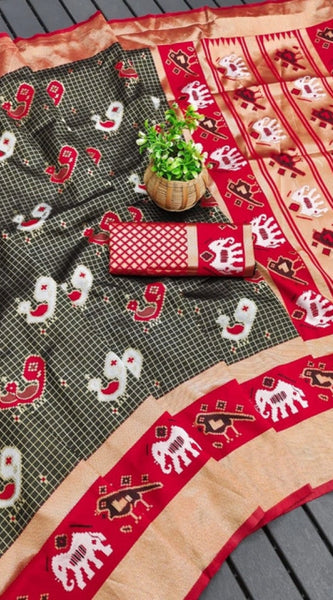 Mayawye Women's Soft Litchi Silk Jacquard Work Saree With Unstitched Blouse 5.5Mtr (Black-Red)