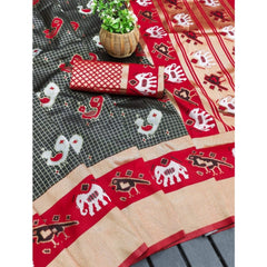 Mayawye Women's Soft Litchi Silk Jacquard Work Saree With Unstitched Blouse 5.5Mtr (Black-Red)