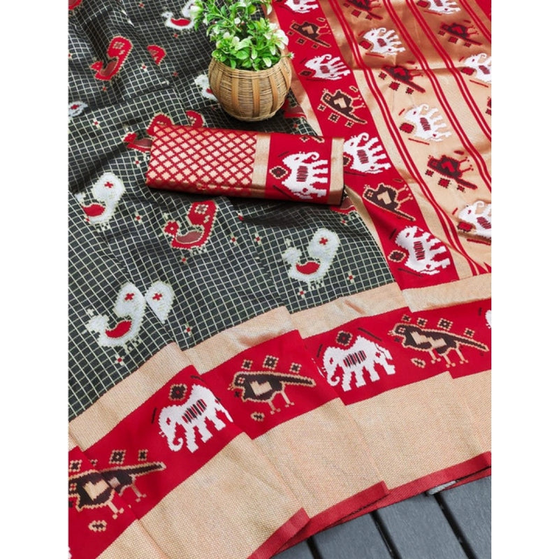 Mayawye Women's Soft Litchi Silk Jacquard Work Saree With Unstitched Blouse 5.5Mtr (Black-Red)