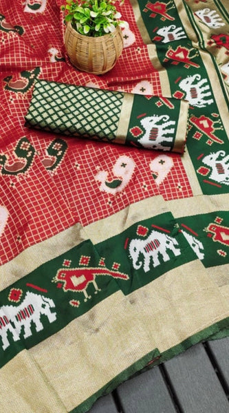 Mayawye Women's Soft Litchi Silk Jacquard Work Saree With Unstitched Blouse 5.5Mtr (Red-Green)