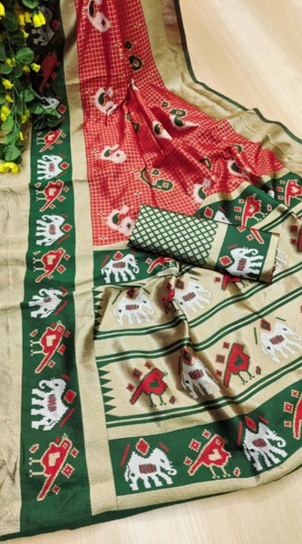 Mayawye Women's Soft Litchi Silk Jacquard Work Saree With Unstitched Blouse 5.5Mtr (Red-Green)