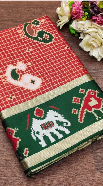 Mayawye Women's Soft Litchi Silk Jacquard Work Saree With Unstitched Blouse 5.5Mtr (Red-Green)