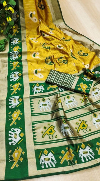 Mayawye Women's Soft Litchi Silk Jacquard Work Saree With Unstitched Blouse 5.5Mtr (Yellow-Green)