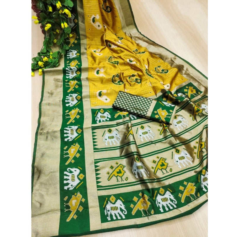 Mayawye Women's Soft Litchi Silk Jacquard Work Saree With Unstitched Blouse 5.5Mtr (Yellow-Green)