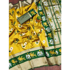 Mayawye Women's Soft Litchi Silk Jacquard Work Saree With Unstitched Blouse 5.5Mtr (Yellow-Green)