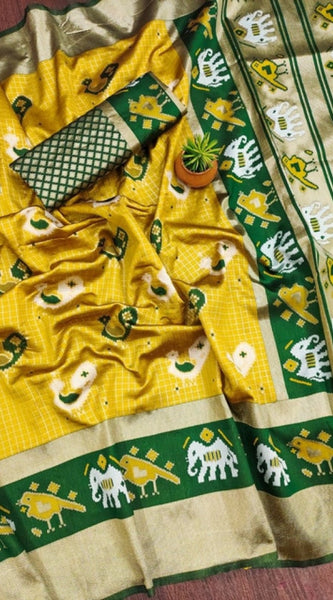 Mayawye Women's Soft Litchi Silk Jacquard Work Saree With Unstitched Blouse 5.5Mtr (Yellow-Green)