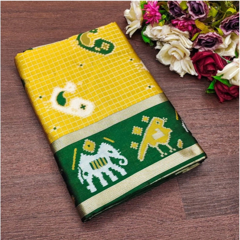 Mayawye Women's Soft Litchi Silk Jacquard Work Saree With Unstitched Blouse 5.5Mtr (Yellow-Green)