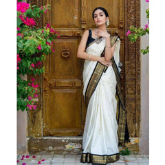 Mayawye Women's Soft Litchi Silk Jacquard Work Saree With Unstitched Blouse 5.5Mtr (White)