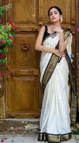Mayawye Women's Soft Litchi Silk Jacquard Work Saree With Unstitched Blouse 5.5Mtr (White)