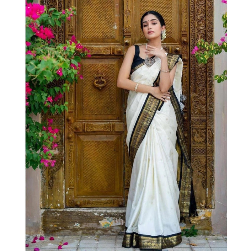 Mayawye Women's Soft Litchi Silk Jacquard Work Saree With Unstitched Blouse 5.5Mtr (White)