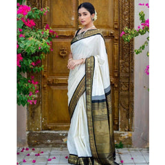 Mayawye Women's Soft Litchi Silk Jacquard Work Saree With Unstitched Blouse 5.5Mtr (White)