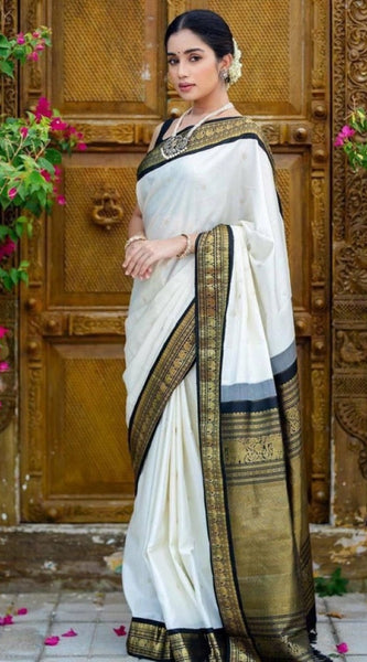 Mayawye Women's Soft Litchi Silk Jacquard Work Saree With Unstitched Blouse 5.5Mtr (White)