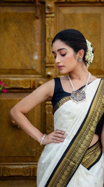 Mayawye Women's Soft Litchi Silk Jacquard Work Saree With Unstitched Blouse 5.5Mtr (White)