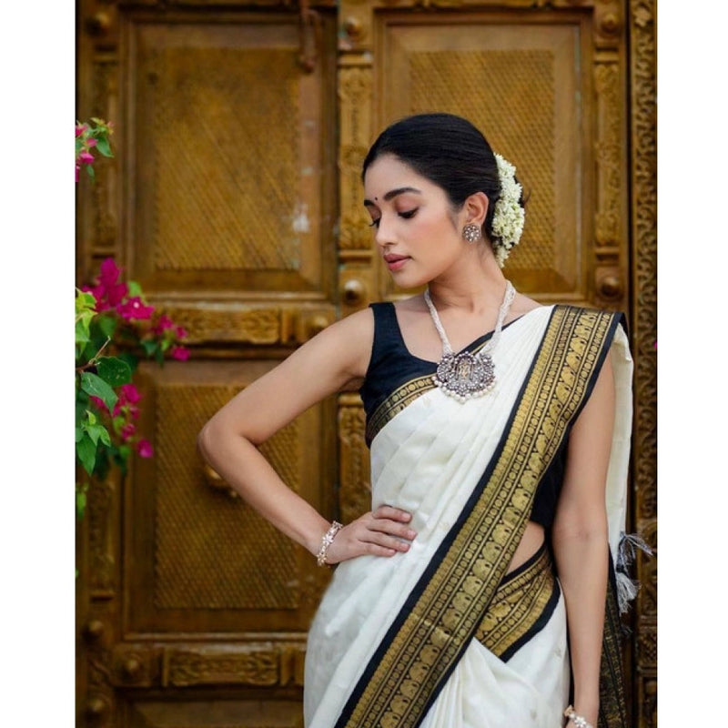 Mayawye Women's Soft Litchi Silk Jacquard Work Saree With Unstitched Blouse 5.5Mtr (White)