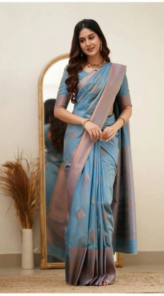 Mayawye Women's Soft Litchi Silk Jacquard Work Saree With Unstitched Blouse 5.5Mtr (Gray)