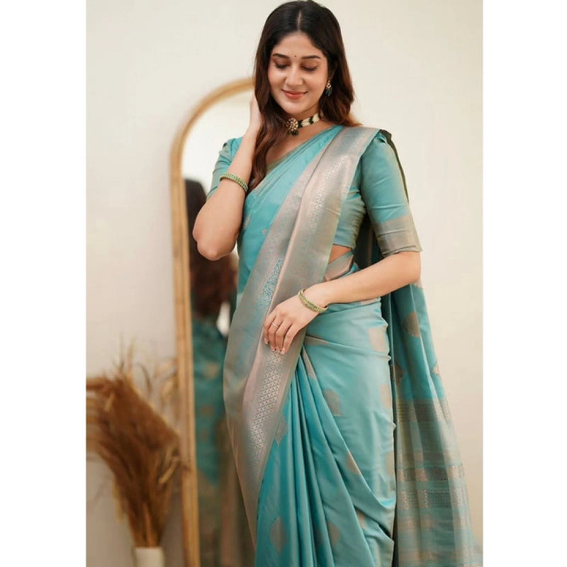 Mayawye Women's Soft Litchi Silk Jacquard Work Saree With Unstitched Blouse 5.5Mtr (Light Blue)
