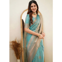 Mayawye Women's Soft Litchi Silk Jacquard Work Saree With Unstitched Blouse 5.5Mtr (Light Blue)