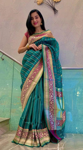 Mayawye Women's Soft Litchi Silk Jacquard Work Saree With Unstitched Blouse 5.5Mtr (Green)