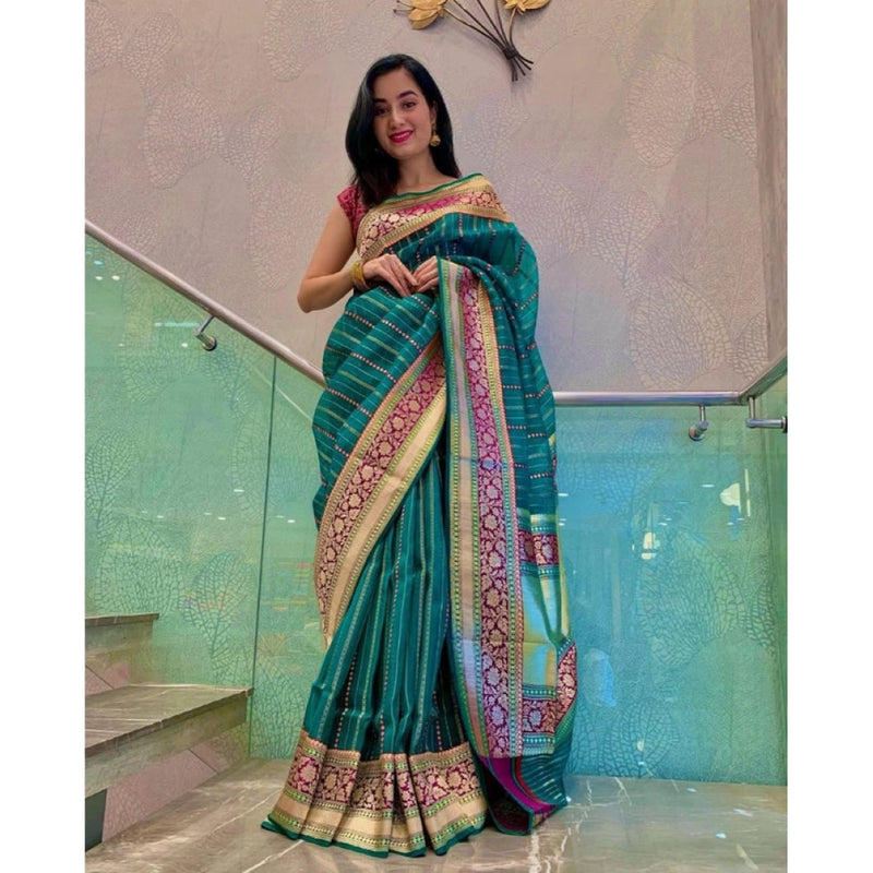 Mayawye Women's Soft Litchi Silk Jacquard Work Saree With Unstitched Blouse 5.5Mtr (Green)
