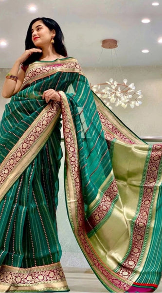 Mayawye Women's Soft Litchi Silk Jacquard Work Saree With Unstitched Blouse 5.5Mtr (Green)