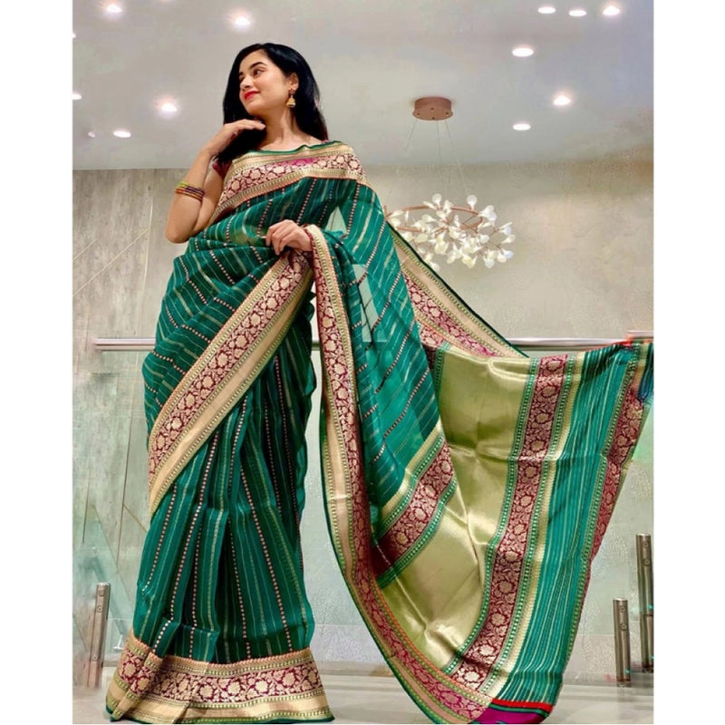 Mayawye Women's Soft Litchi Silk Jacquard Work Saree With Unstitched Blouse 5.5Mtr (Green)